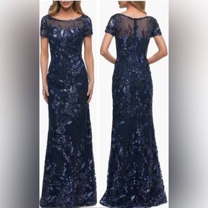 La Femme Sequin Floral Short Sleeve Sheath Gown